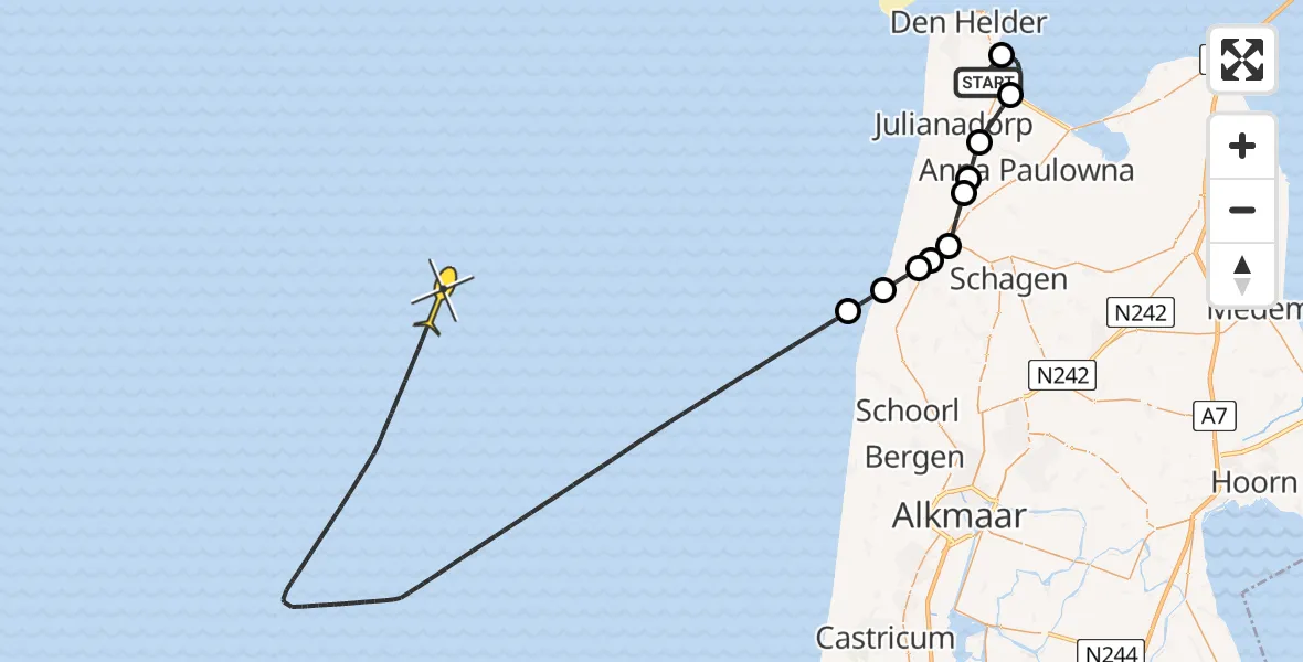 Routekaart van de vlucht: Kustwachthelikopter naar Oostoeverweg