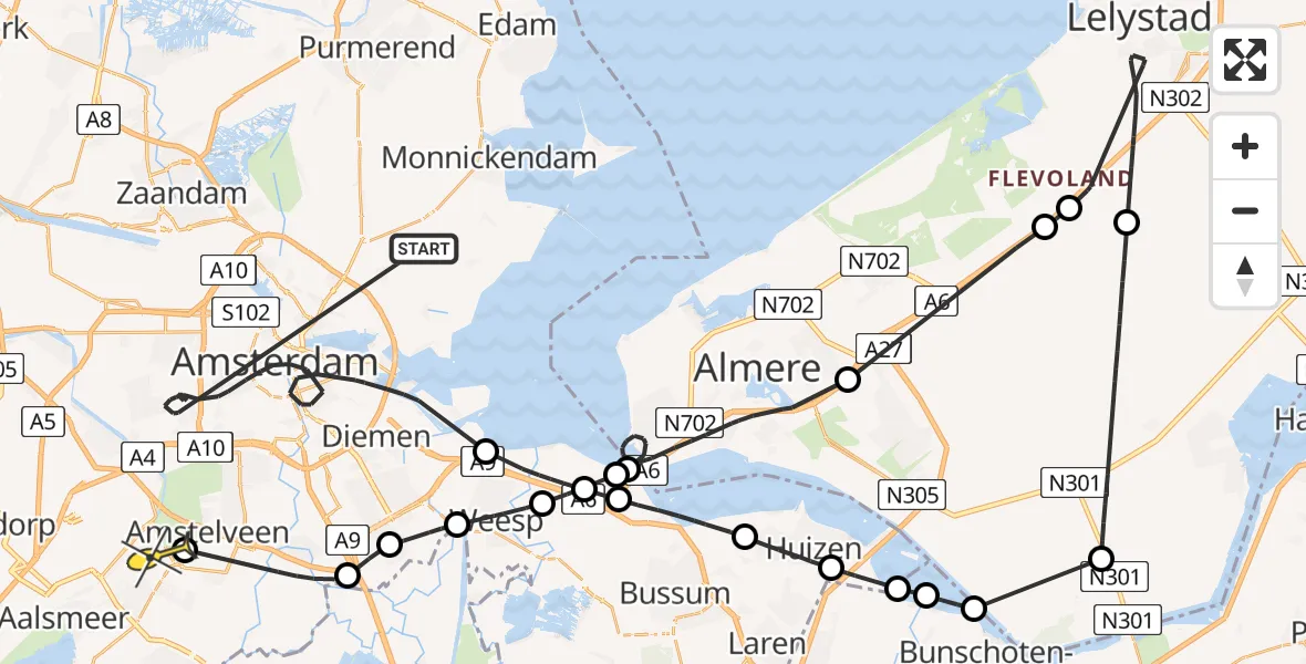 Routekaart van de vlucht: Politieheli naar Aalsmeer, Johan Huizingalaan