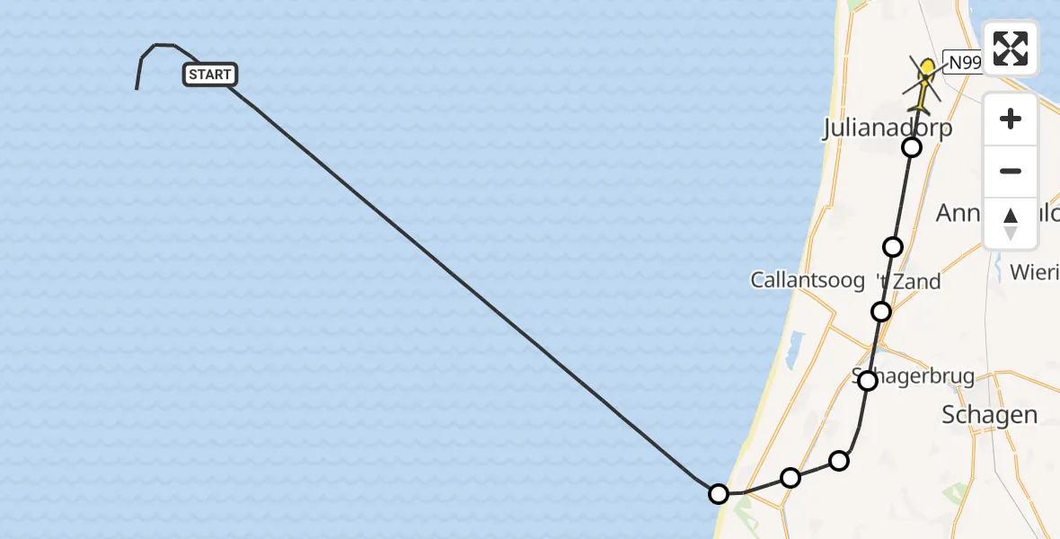 Routekaart van de vlucht: Kustwachthelikopter naar Julianadorp, Rijksweg