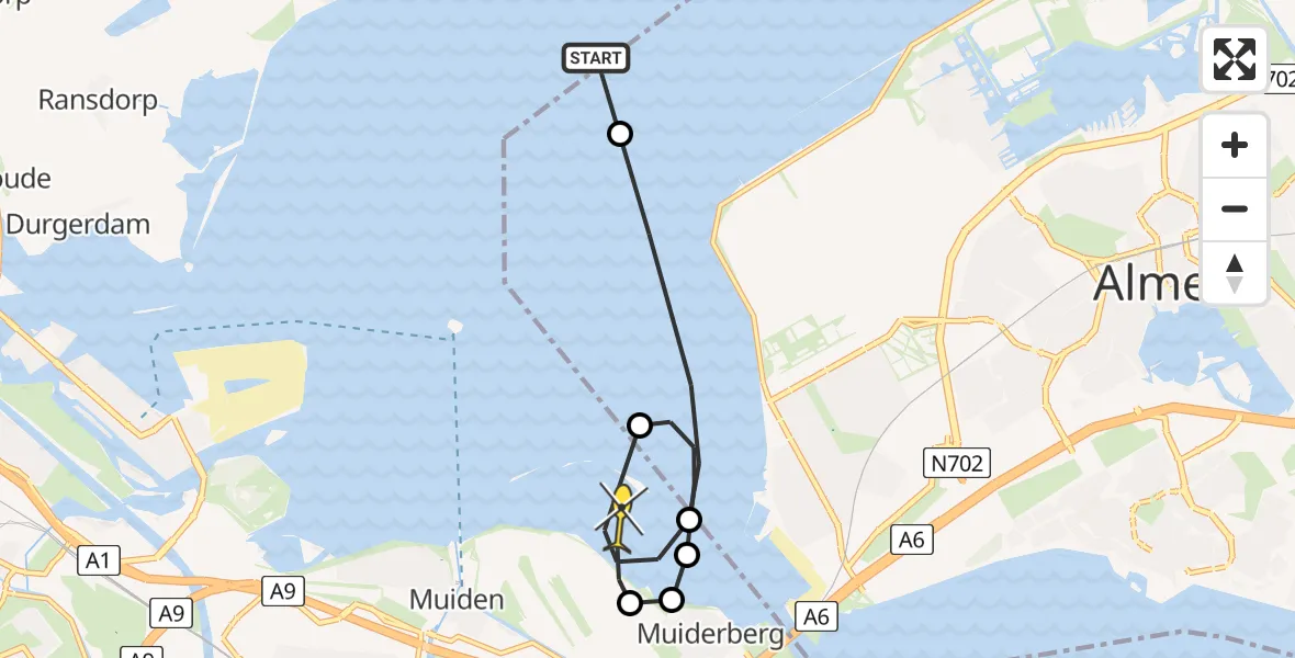 Routekaart van de vlucht: Politieheli naar Muiden, Muiden