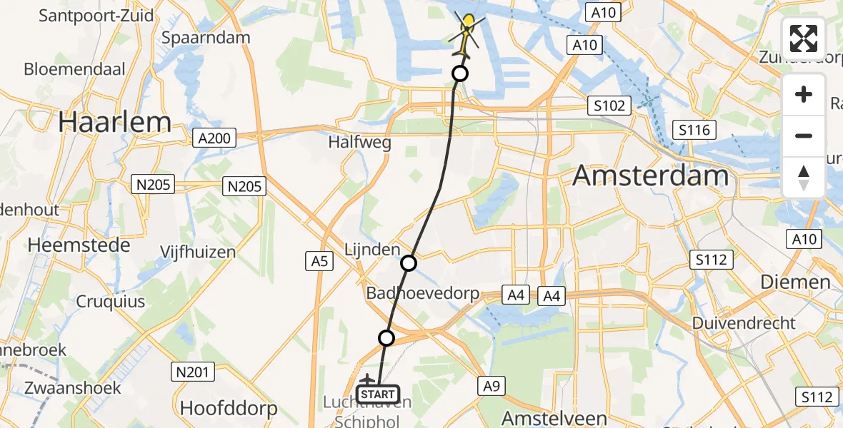 Routekaart van de vlucht: Lifeliner 1 naar Amsterdam Heliport, Sloterweg