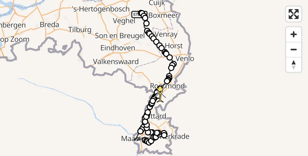 Routekaart van de vlucht: Politieheli naar Maasbracht, Nieuwedijk