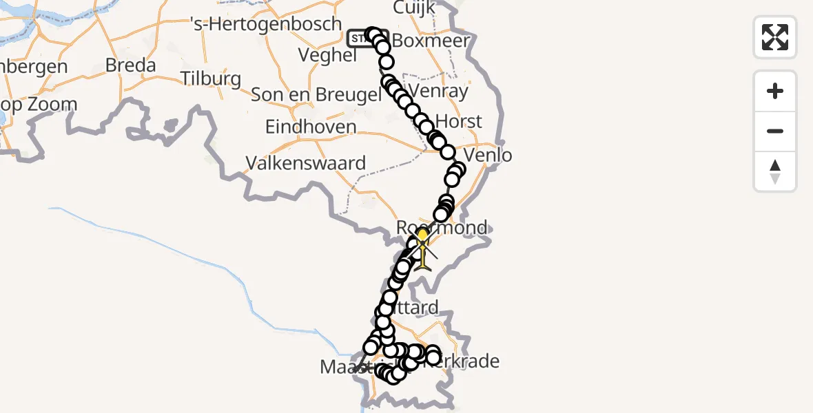 Routekaart van de vlucht: Politiehelikopter naar Maasbracht, Nieuwedijk