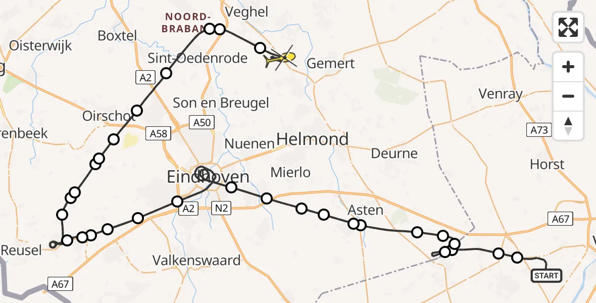 Routekaart van de vlucht: Politieheli naar Erp, Schuttenbos