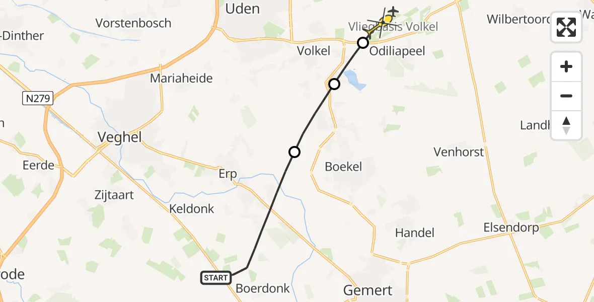 Routekaart van de vlucht: Politieheli naar Vliegbasis Volkel, Akkerweg