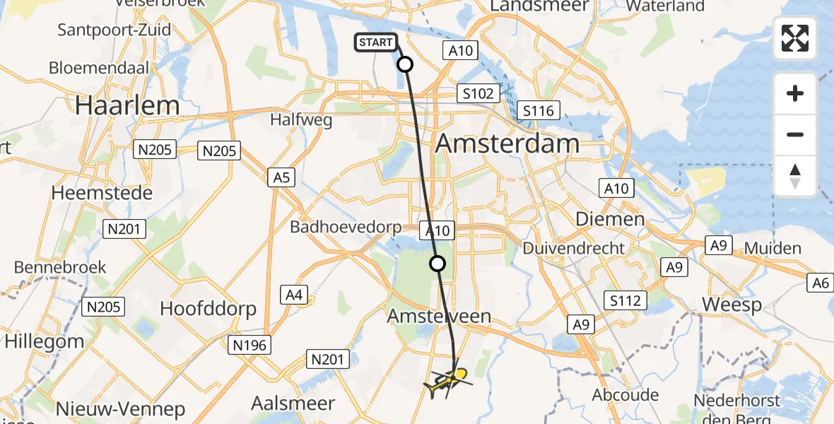 Routekaart van de vlucht: Lifeliner 1 naar Amstelveen, Westhavenweg