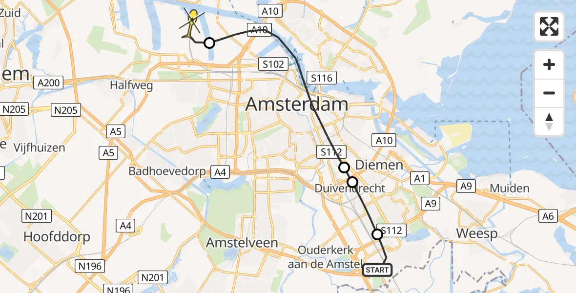 Routekaart van de vlucht: Lifeliner 1 naar Amsterdam Heliport, Maasdrielhof