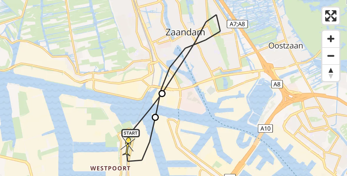 Routekaart van de vlucht: Lifeliner 1 naar Amsterdam Heliport, Nieuw-Zeelandweg