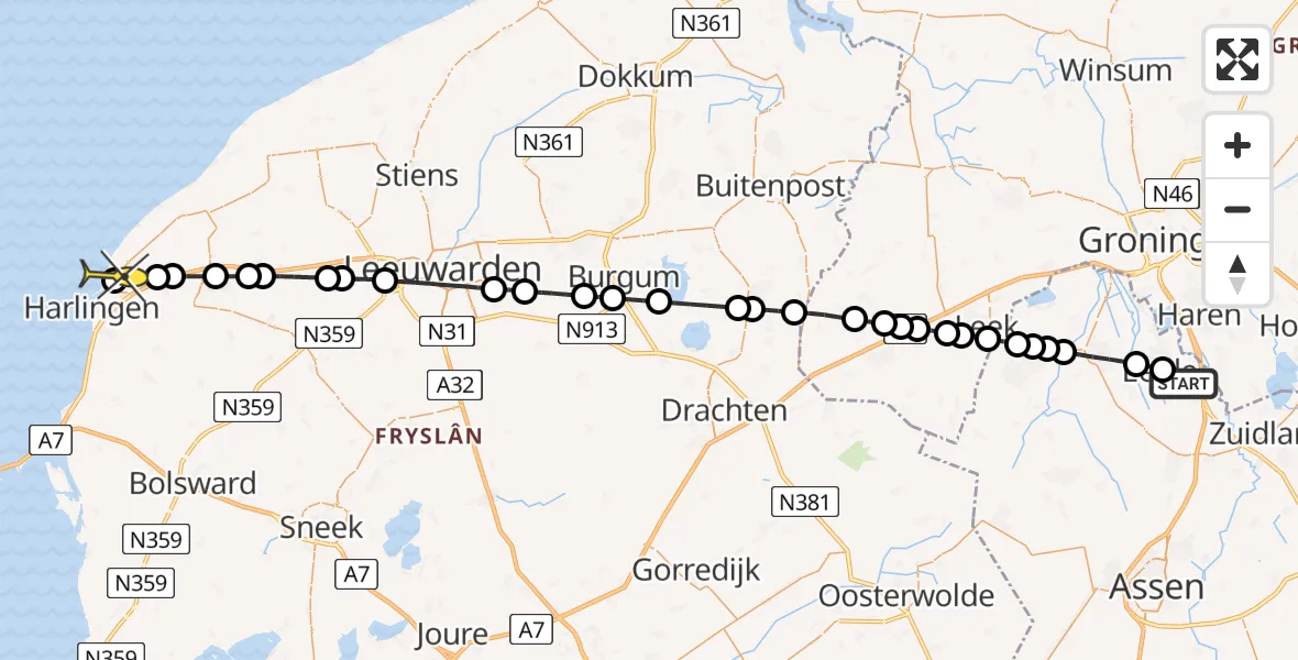 Routekaart van de vlucht: Lifeliner 4 naar Harlingen, Burg. J.G. Legroweg