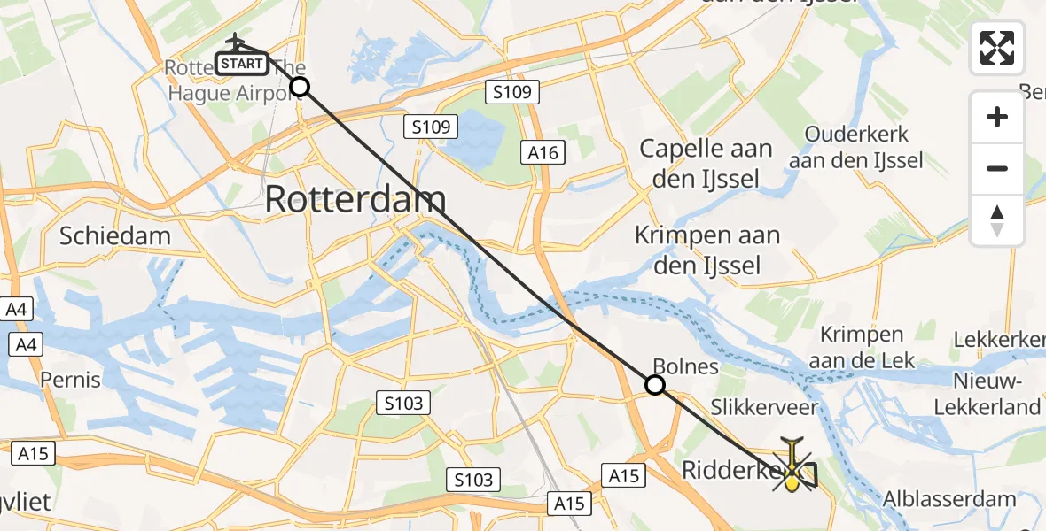 Routekaart van de vlucht: Lifeliner 2 naar Ridderkerk, Hof van Maasdam