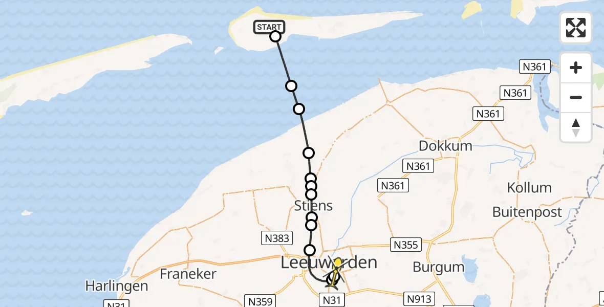 Routekaart van de vlucht: Ambulanceheli naar Leeuwarden, Heideveld