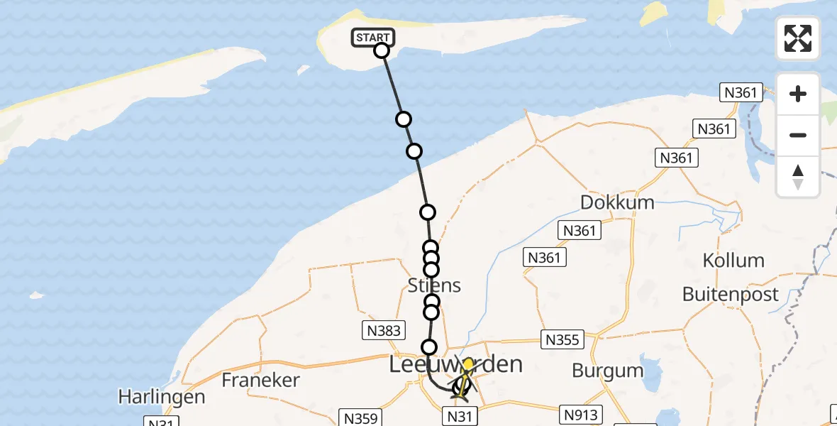 Routekaart van de vlucht: Ambulancehelikopter naar Leeuwarden, Heideveld
