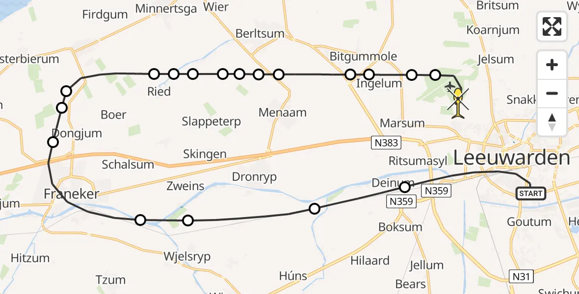 Routekaart van de vlucht: Ambulanceheli naar Vliegbasis Leeuwarden, Leeuwarderstraat