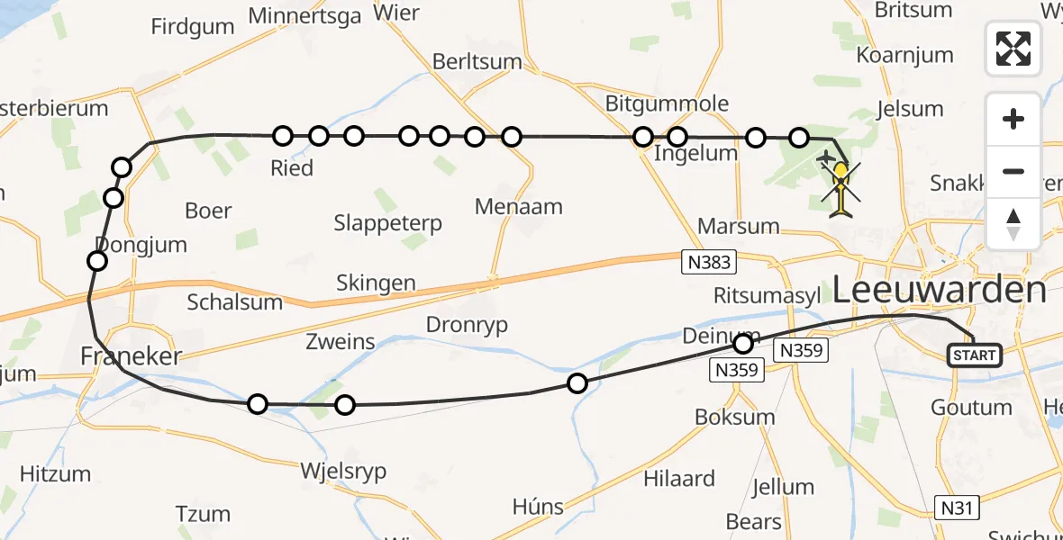 Routekaart van de vlucht: Ambulancehelikopter naar Vliegbasis Leeuwarden, Leeuwarderstraat