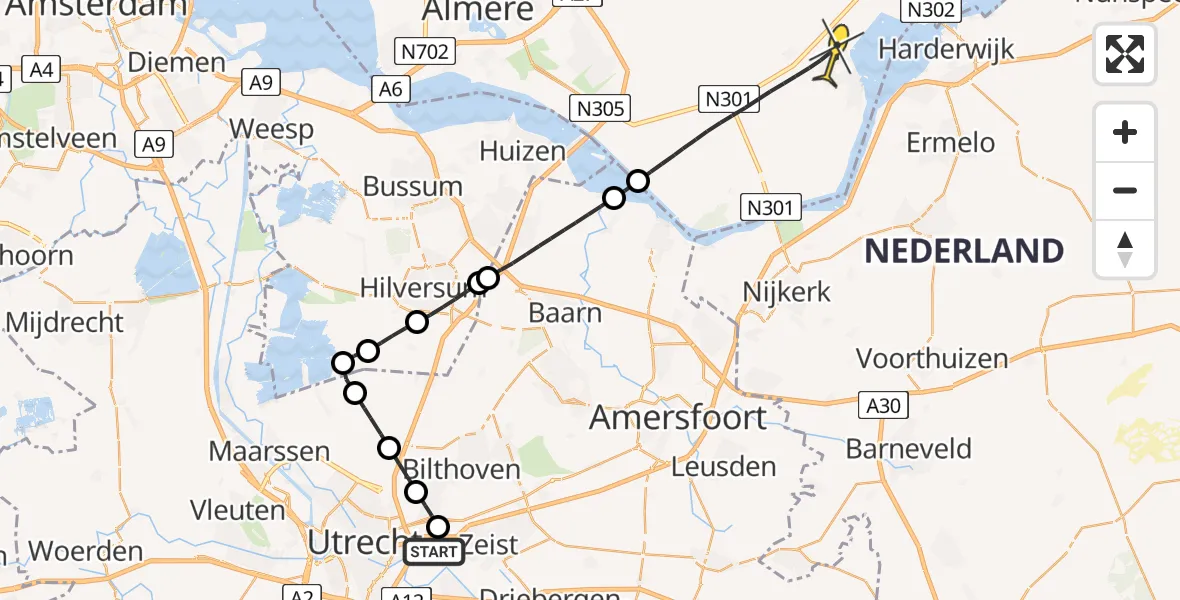 Routekaart van de vlucht: Lifeliner 1 naar Zeewolde, Universiteitsweg