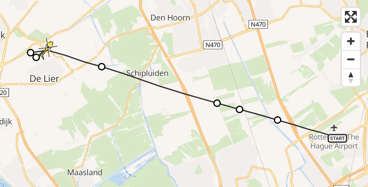 Routekaart van de vlucht: Lifeliner 2 naar De Lier, Noord-Lierweg