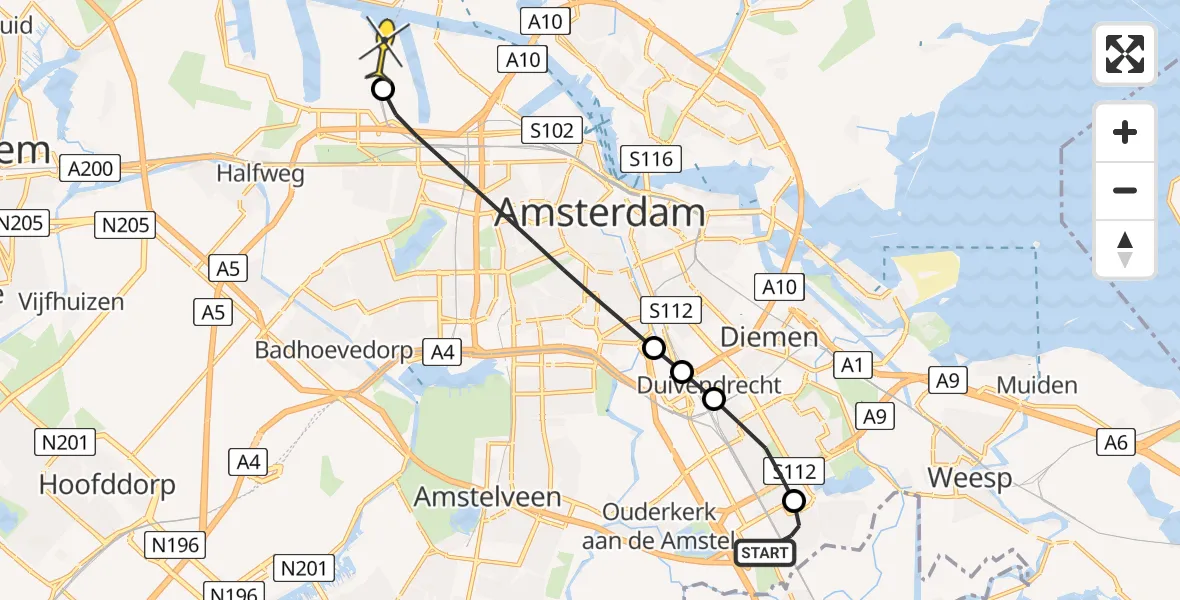 Routekaart van de vlucht: Lifeliner 1 naar Amsterdam Heliport, Ravensteinstraat