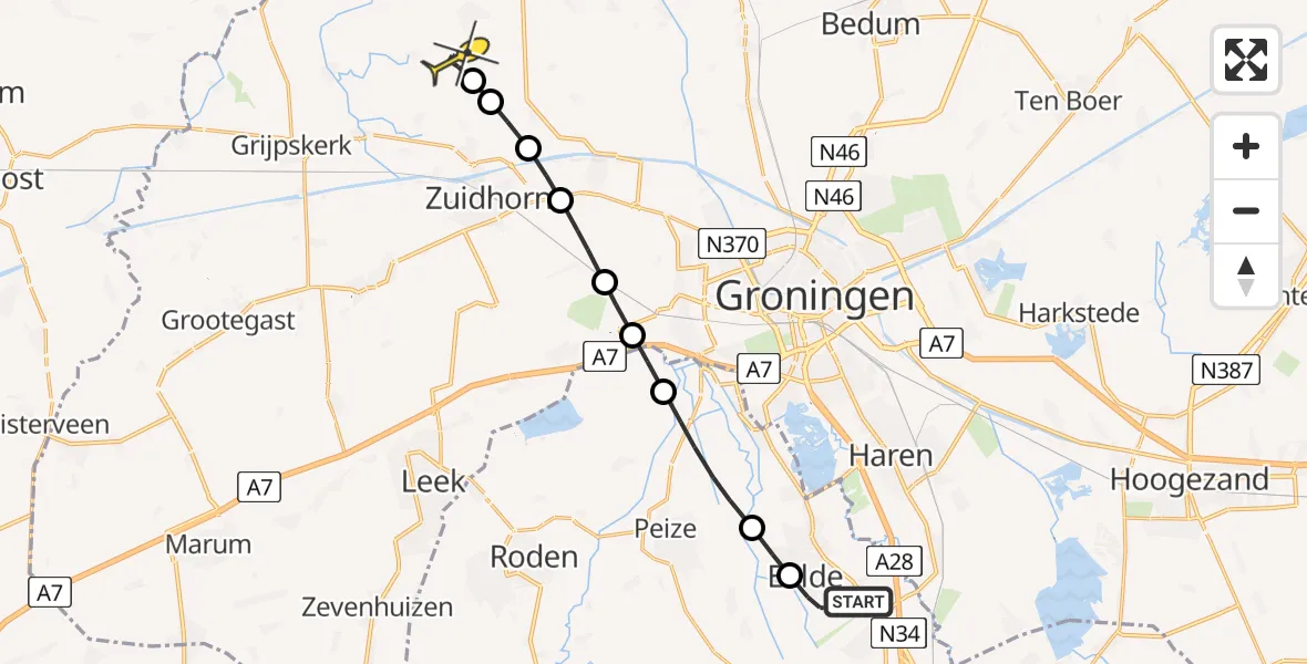 Routekaart van de vlucht: Lifeliner 4 naar Oldehove, Molenweg