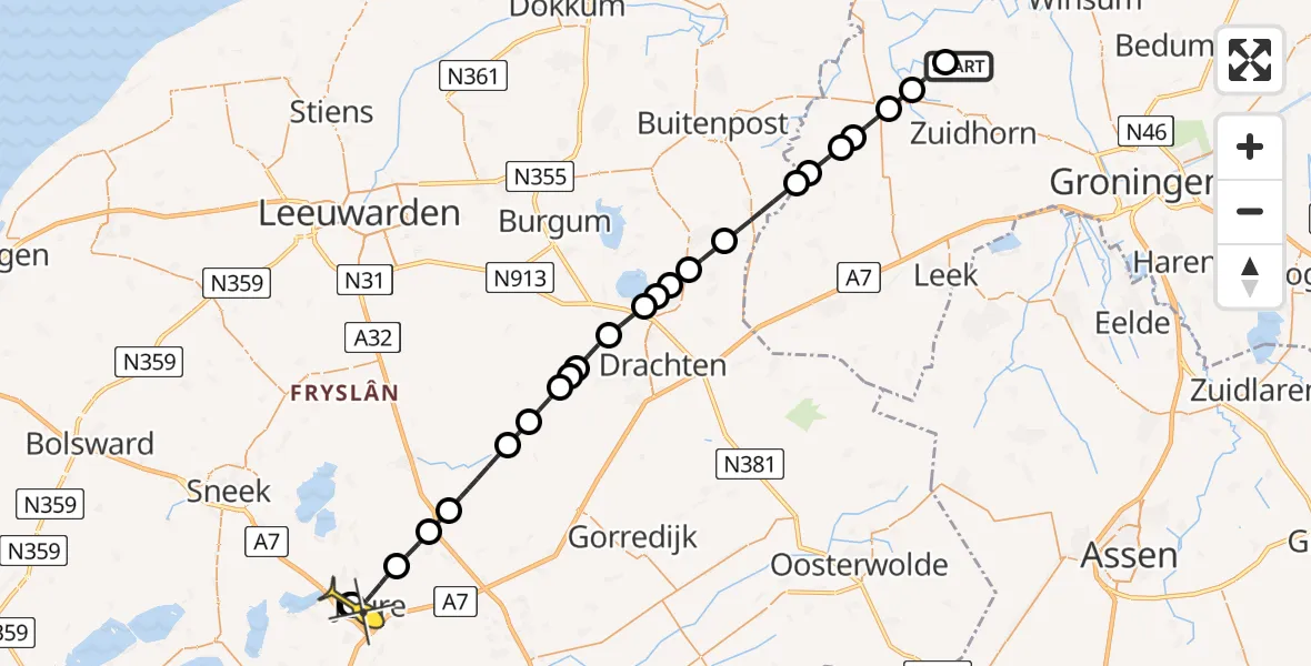 Routekaart van de vlucht: Lifeliner 4 naar Joure, Niehoofsterweg