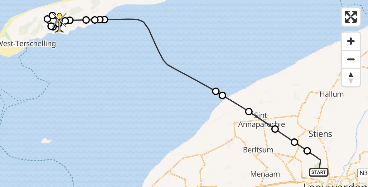 Routekaart van de vlucht: Ambulancehelikopter naar Midsland, Keegsdijkje