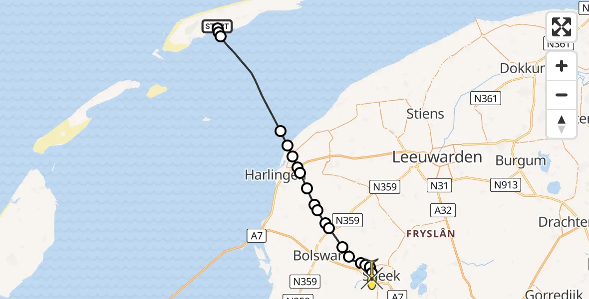 Routekaart van de vlucht: Ambulanceheli naar Sneek, Ponswiel