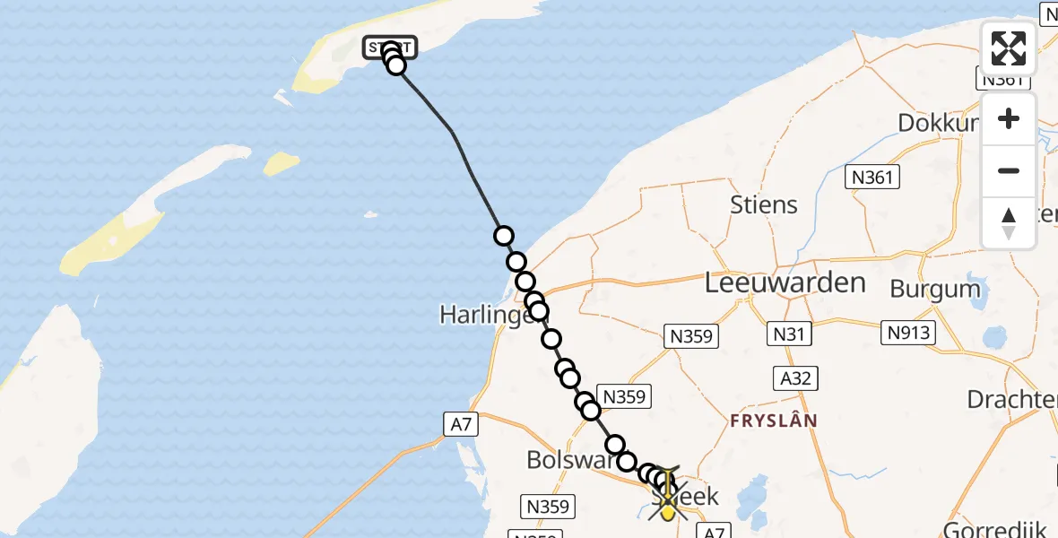 Routekaart van de vlucht: Ambulancehelikopter naar Sneek, Ponswiel