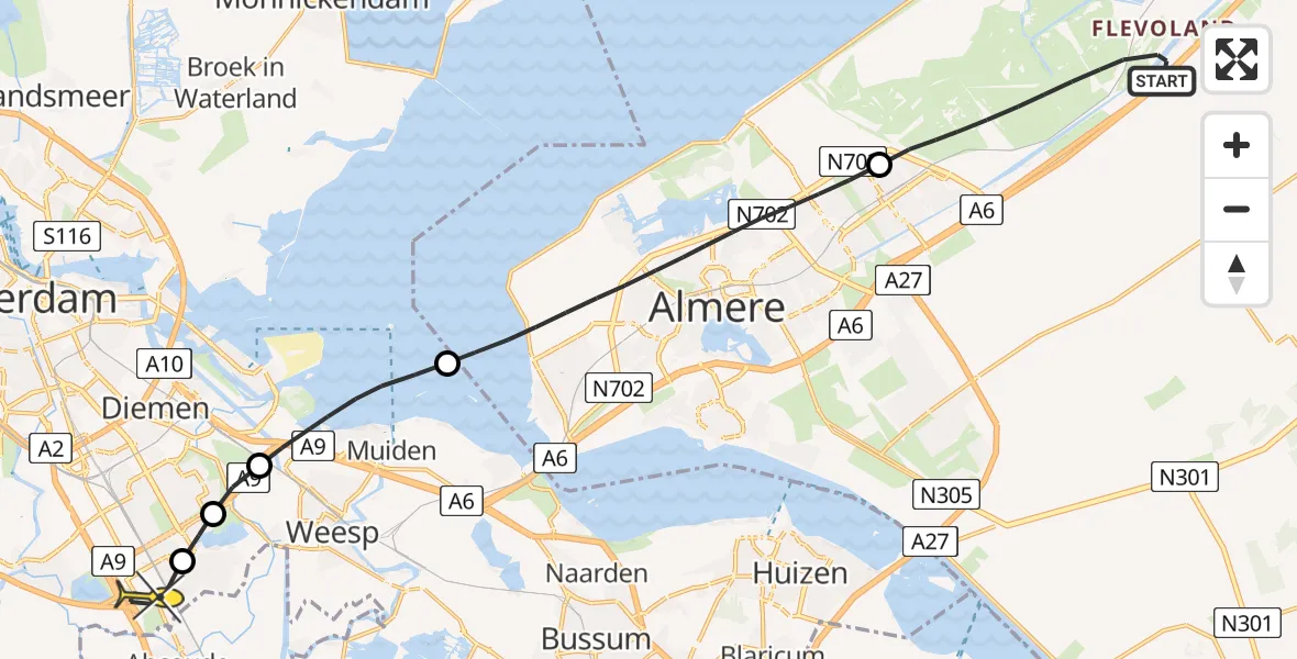 Routekaart van de vlucht: Lifeliner 1 naar Academisch Medisch Centrum (AMC), Praamweg