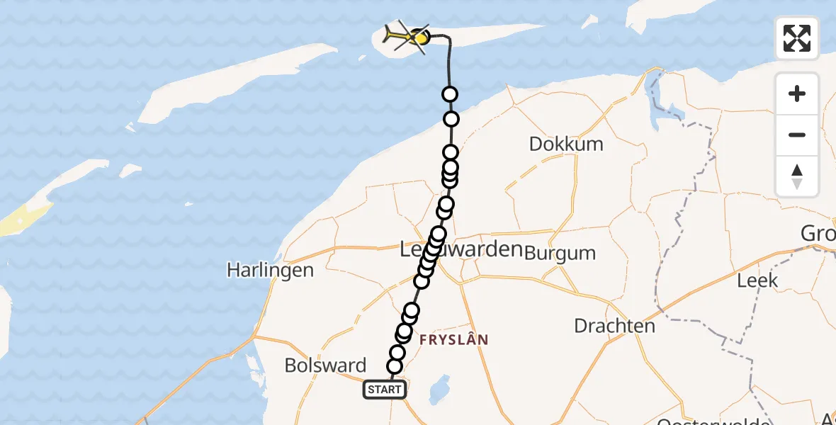 Routekaart van de vlucht: Ambulanceheli naar Ameland Airport Ballum, Doctor Obe Postmastraat