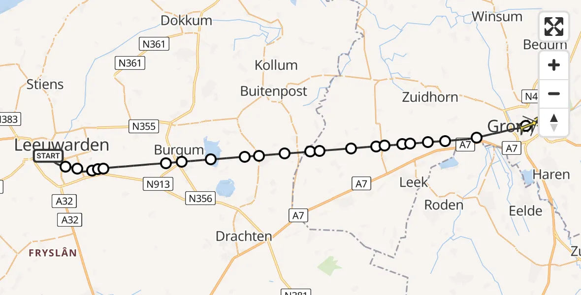 Routekaart van de vlucht: Lifeliner 4 naar Universitair Medisch Centrum Groningen, Redbadwei