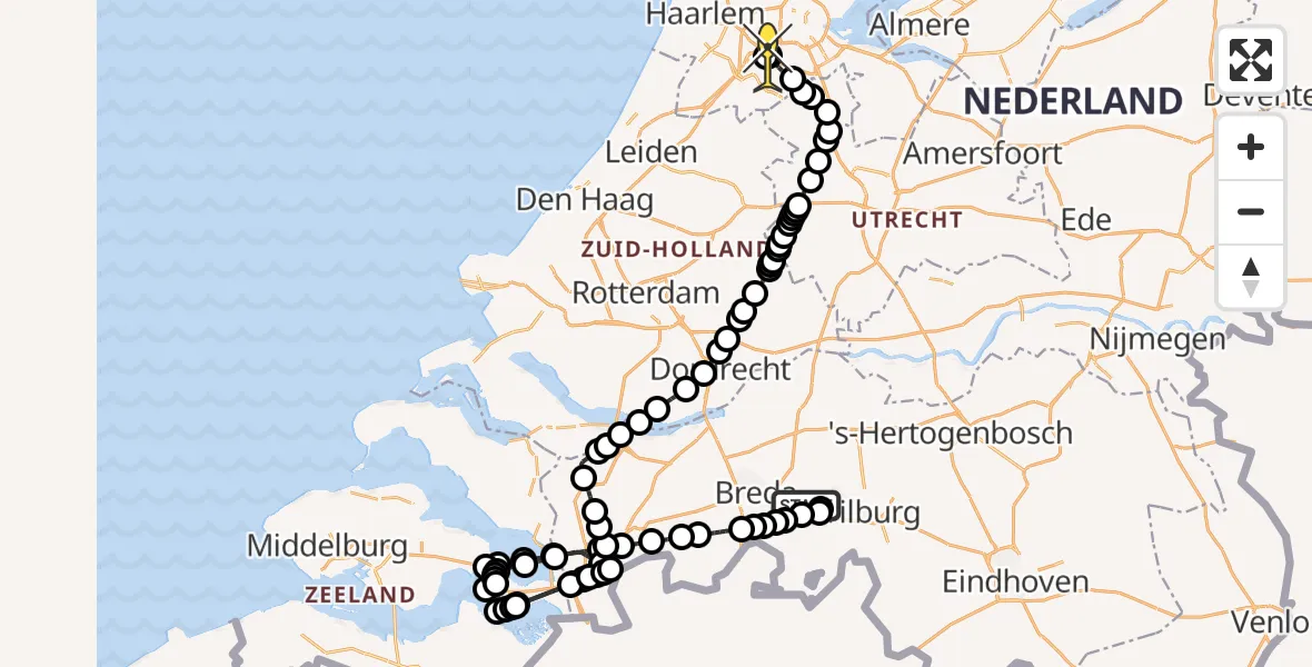 Vluchtroute Politiehelikopter van Vliegbasis Gilze-Rijen naar Schiphol