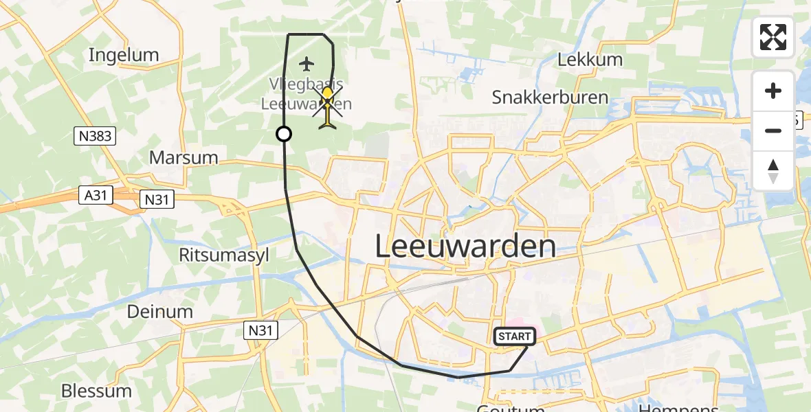 Routekaart van de vlucht: Ambulanceheli naar Vliegbasis Leeuwarden, Swurdkade