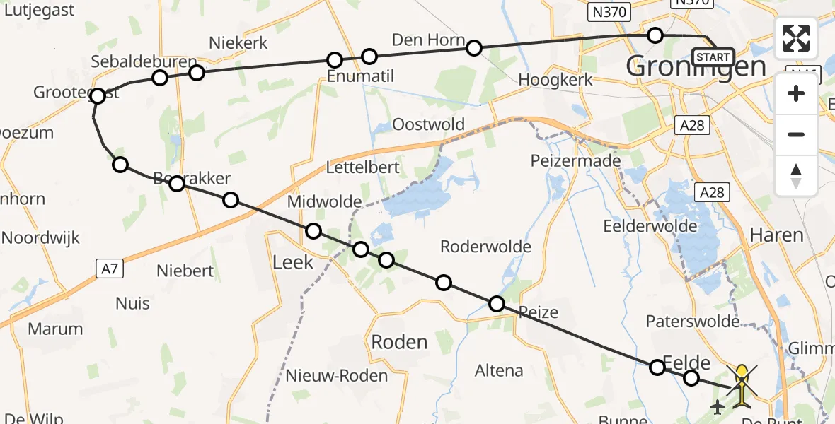 Routekaart van de vlucht: Lifeliner 4 naar Groningen Airport Eelde, E. Thomassen à Thuessinklaan