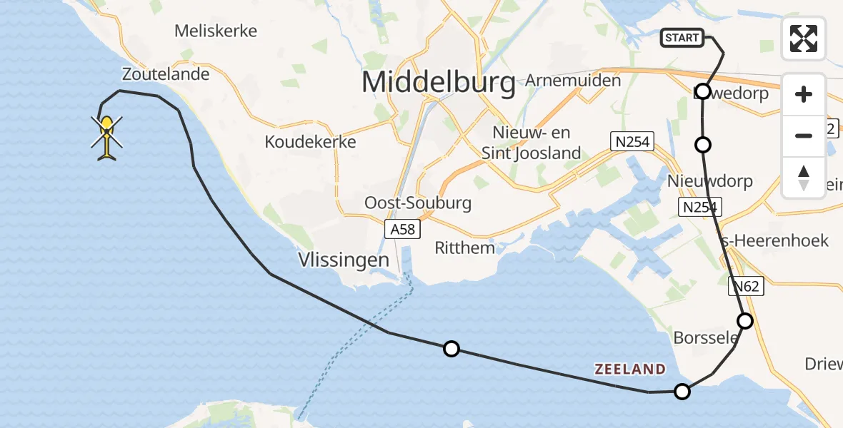 Routekaart van de vlucht: Kustwachthelikopter naar Vlissingen, Noord Kraaijertsedijk