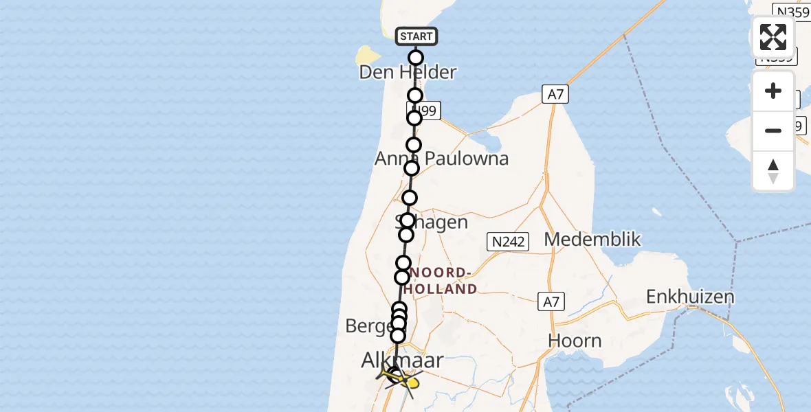 Routekaart van de vlucht: Ambulancehelikopter naar Alkmaar, Parelweg