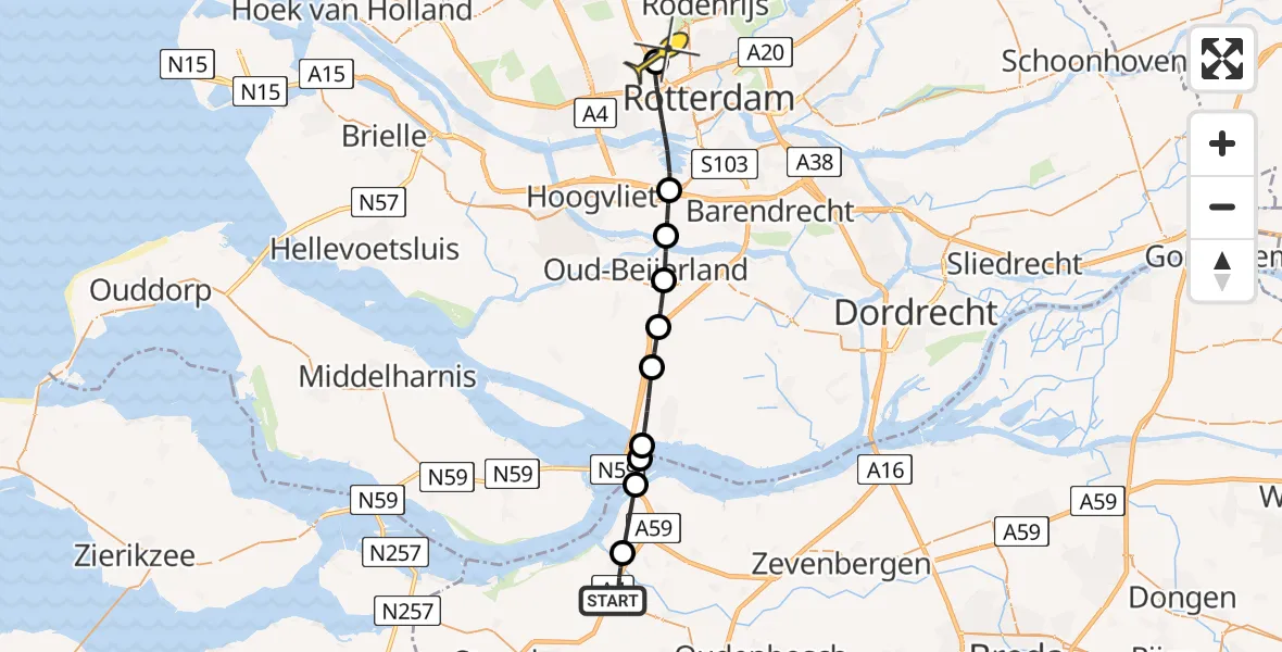 Routekaart van de vlucht: Lifeliner 3 naar Rotterdam The Hague Airport, Rijksweg