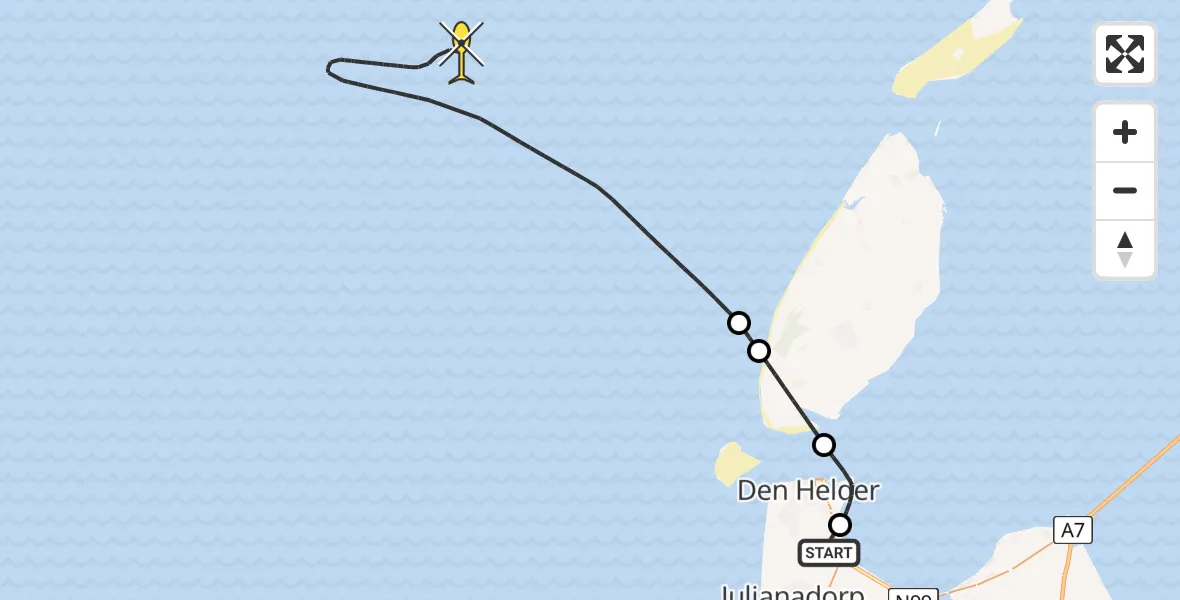 Vluchtroute Kustwachthelikopter van Vliegveld De Kooy naar 