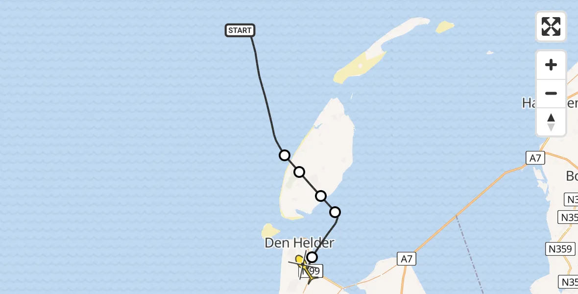 Routekaart van de vlucht: Kustwachthelikopter naar Vliegveld De Kooy, Rijksweg