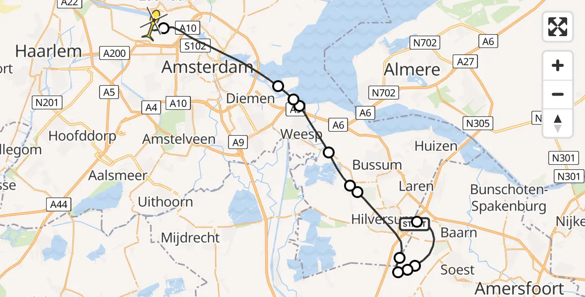 Routekaart van de vlucht: Lifeliner 1 naar Amsterdam Heliport, Bomencentrum Nederland