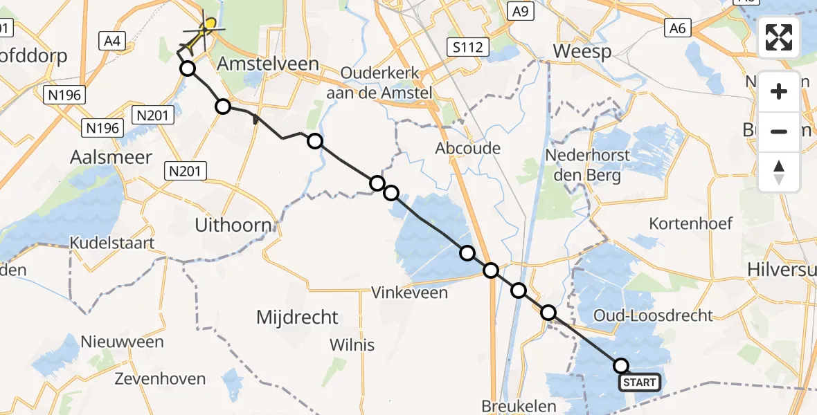 Routekaart van de vlucht: Politieheli naar Schiphol, Nieuw-Loosdrechtsedijk