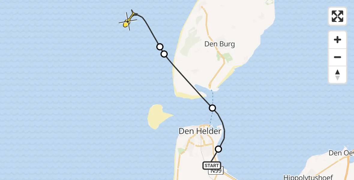 Vluchtroute Kustwachthelikopter van Vliegveld De Kooy naar 