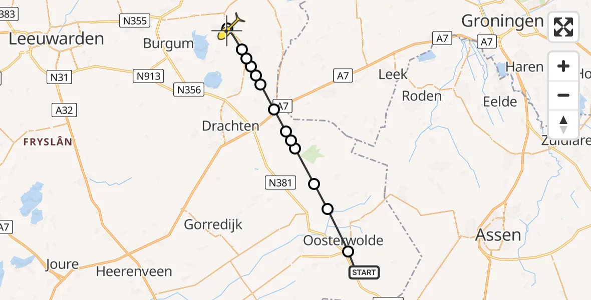 Routekaart van de vlucht: Lifeliner 4 naar Kootstertille, De Maden