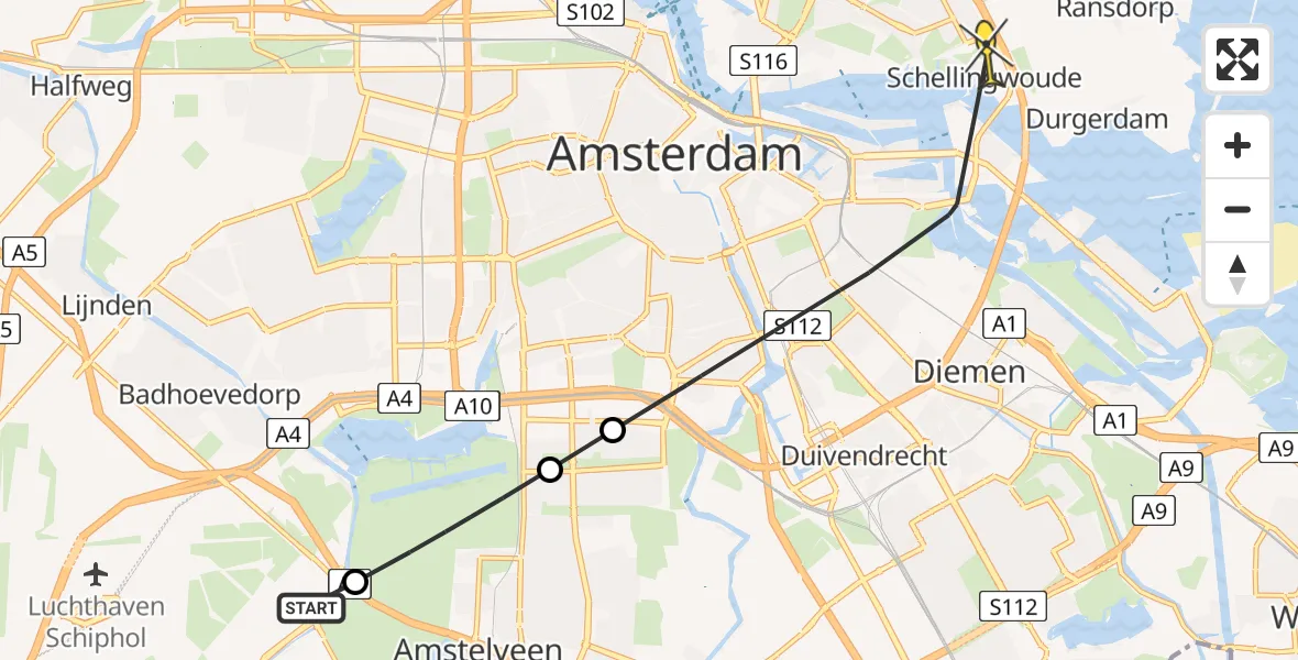 Vluchtroute Politiehelikopter van Schiphol naar Amsterdam