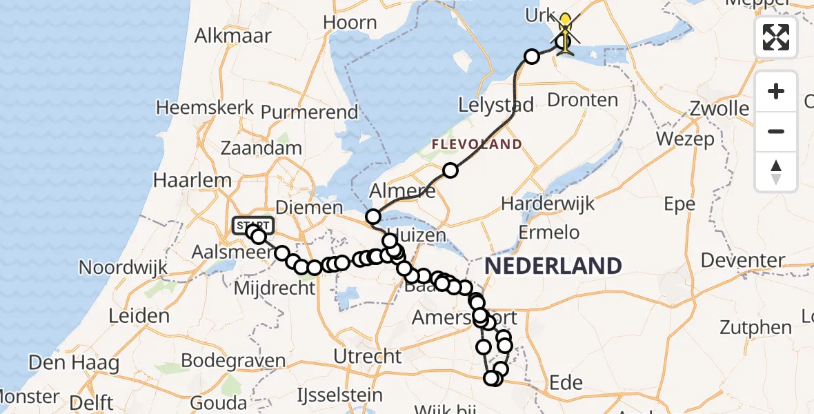 Routekaart van de vlucht: Politieheli naar Nagele, Amsterdam-Bataviaweg