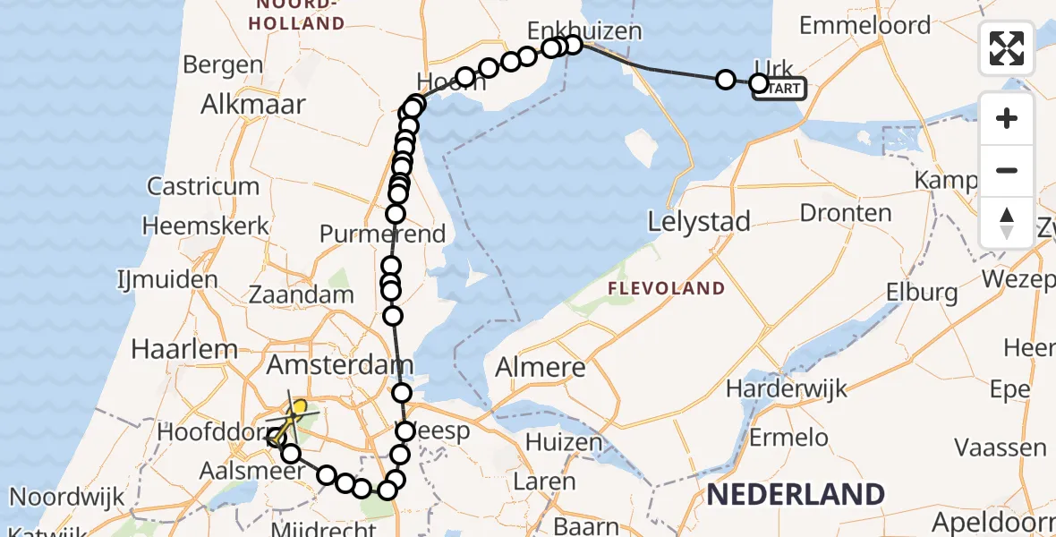 Routekaart van de vlucht: Politieheli naar Schiphol, Urk Approach