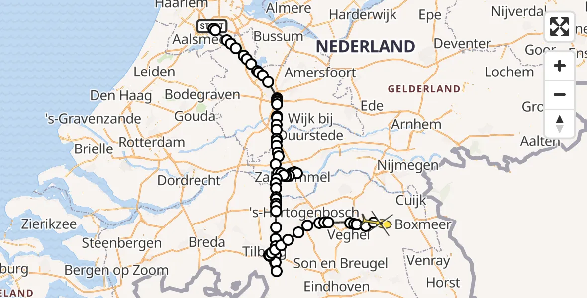 Vluchtroute Politiehelikopter van Schiphol naar Vliegbasis Volkel