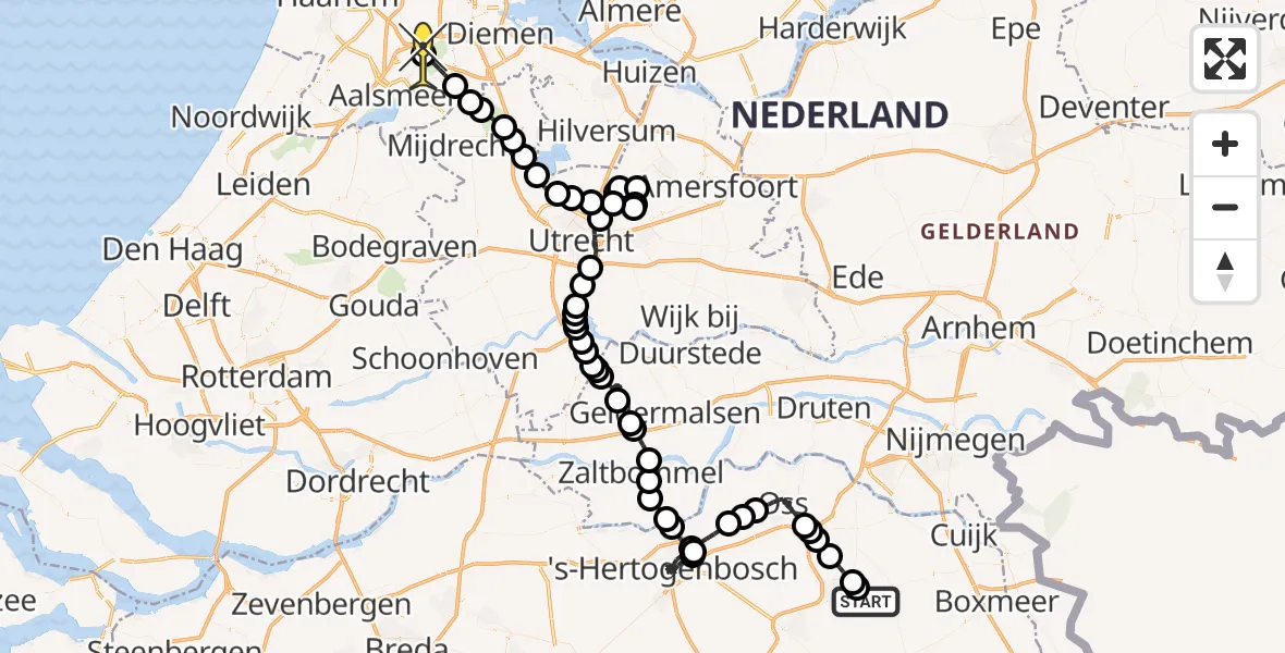 Vluchtroute Politiehelikopter van Vliegbasis Volkel naar Schiphol