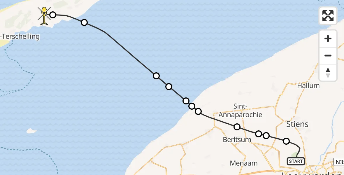 Routekaart van de vlucht: Ambulancehelikopter naar Midsland, Keegsdijkje
