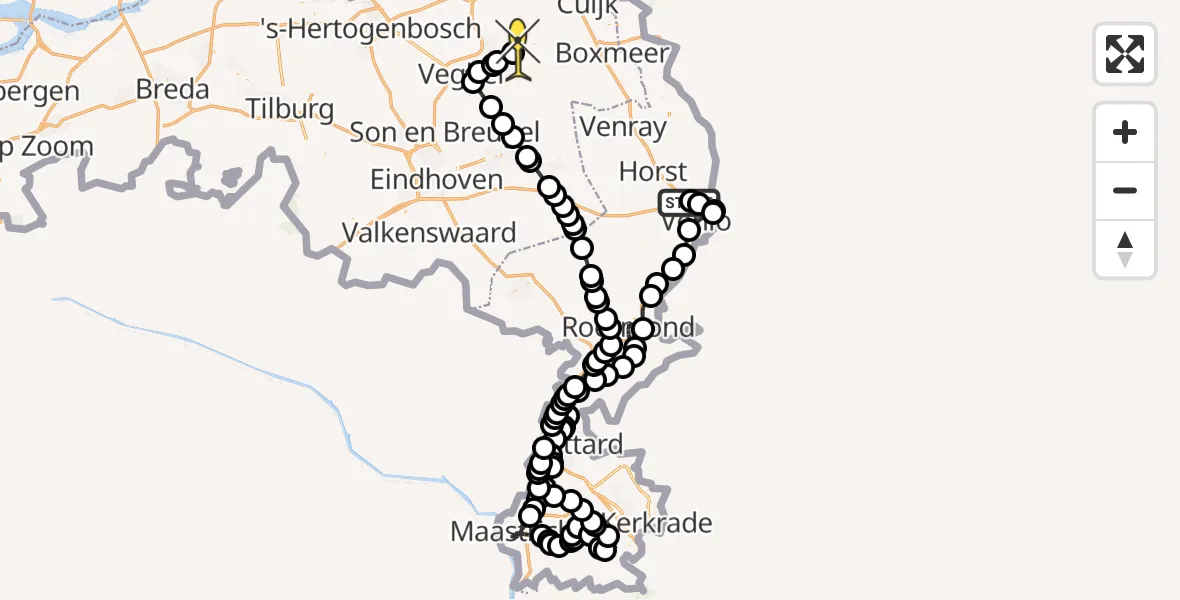Routekaart van de vlucht: Politiehelikopter naar Vliegbasis Volkel, Oude Venloseweg
