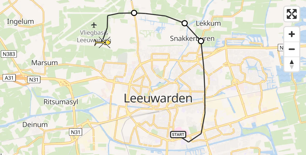 Routekaart van de vlucht: Ambulancehelikopter naar Vliegbasis Leeuwarden, Borniastraat