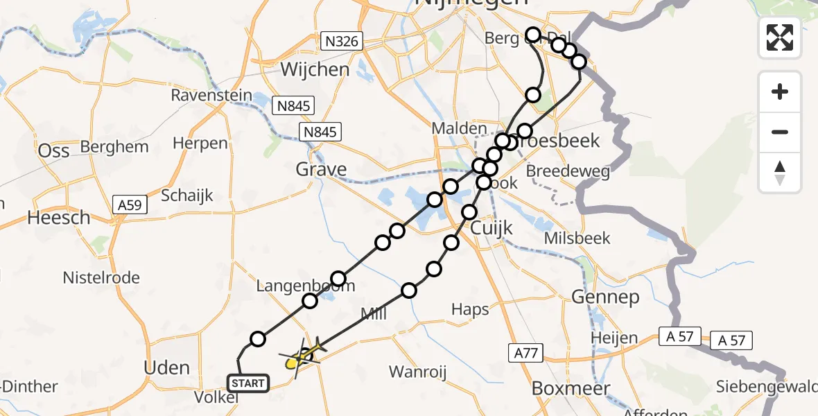 Routekaart van de vlucht: Lifeliner 3 naar Volkel, Zeelandsedijk